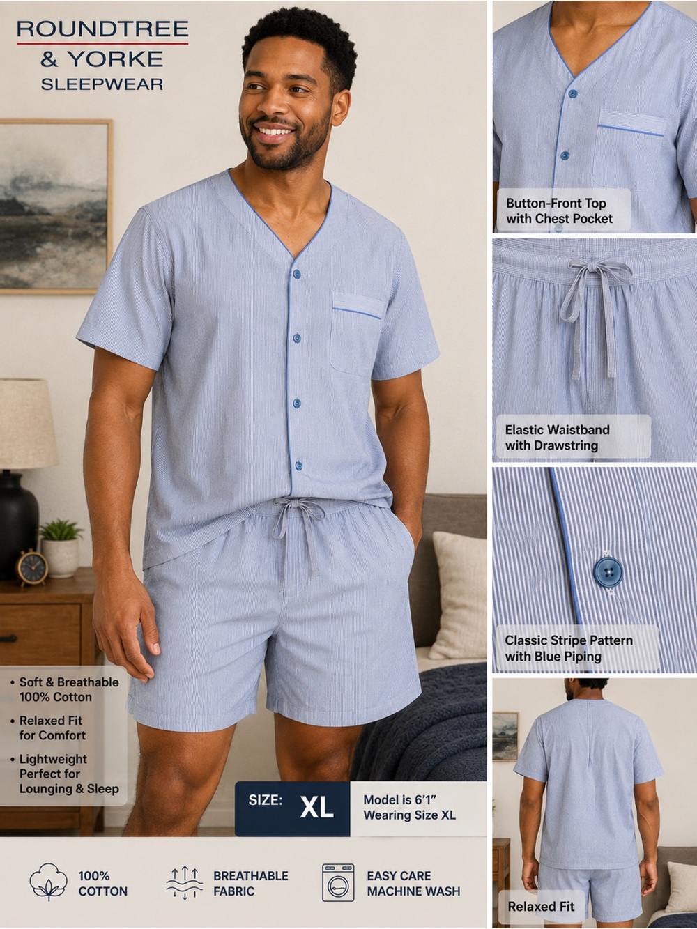 Roundtree & Yorke Light Blue Short-Sleeve Cotton Sleep Set